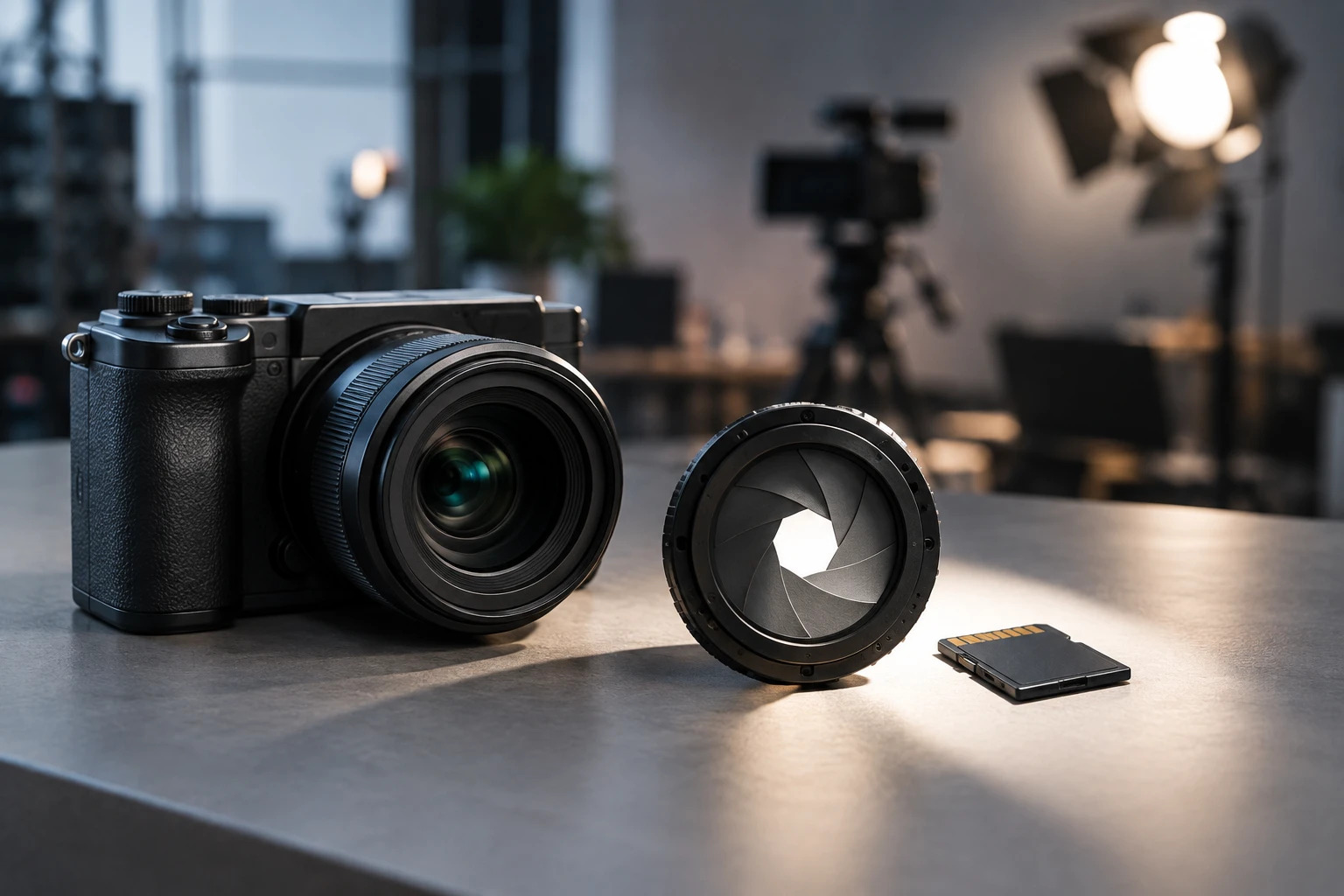 Kompakte Filmkamera mit geöffneter Irisblende und Speicherkarte auf einem Tisch; eine Videokulisse ist im Hintergrund unscharf.