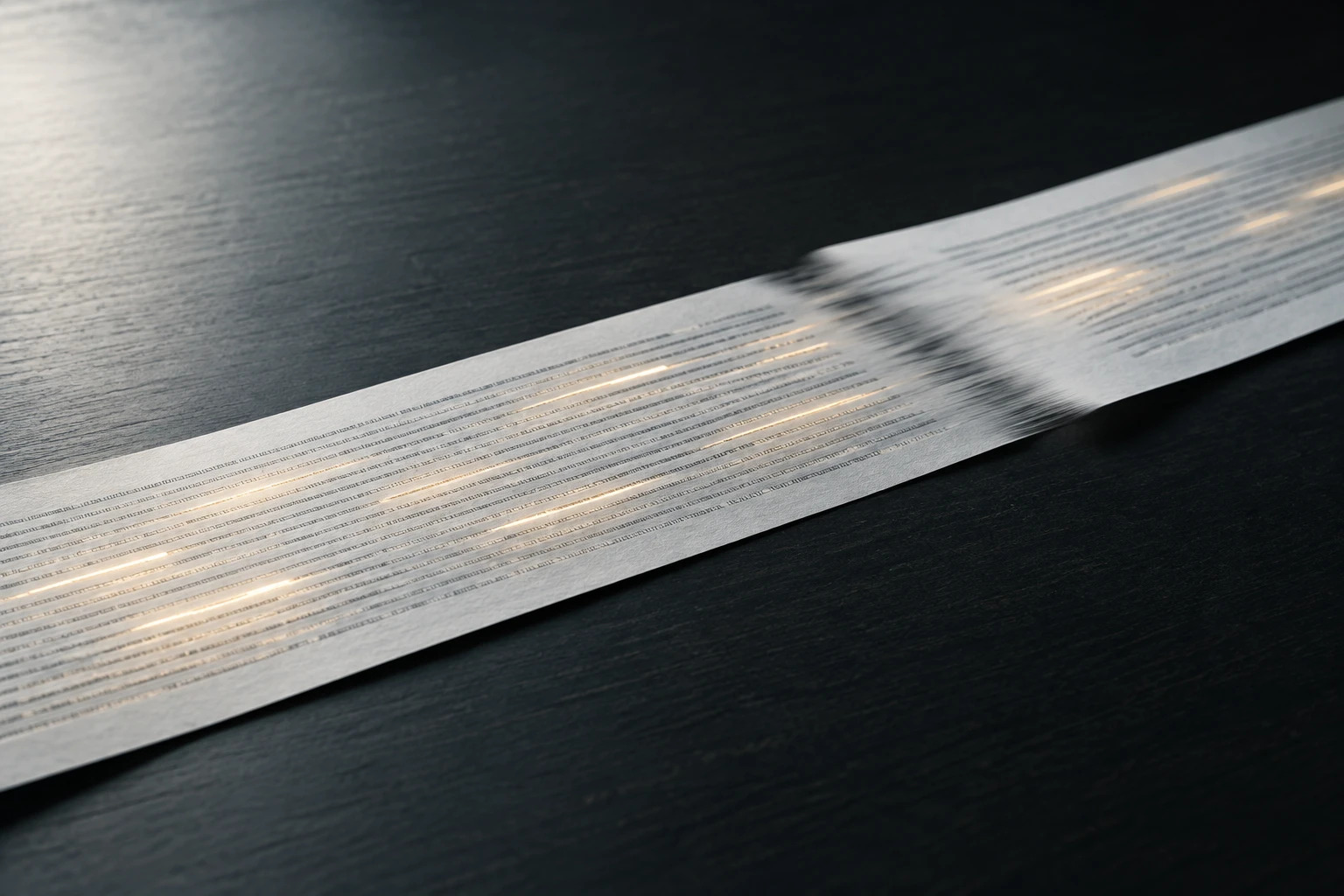 Bedruckter Papierstreifen mit dezent hervorgehobenem Muster und verwischter Textstelle neben einem zweiten Streifen.