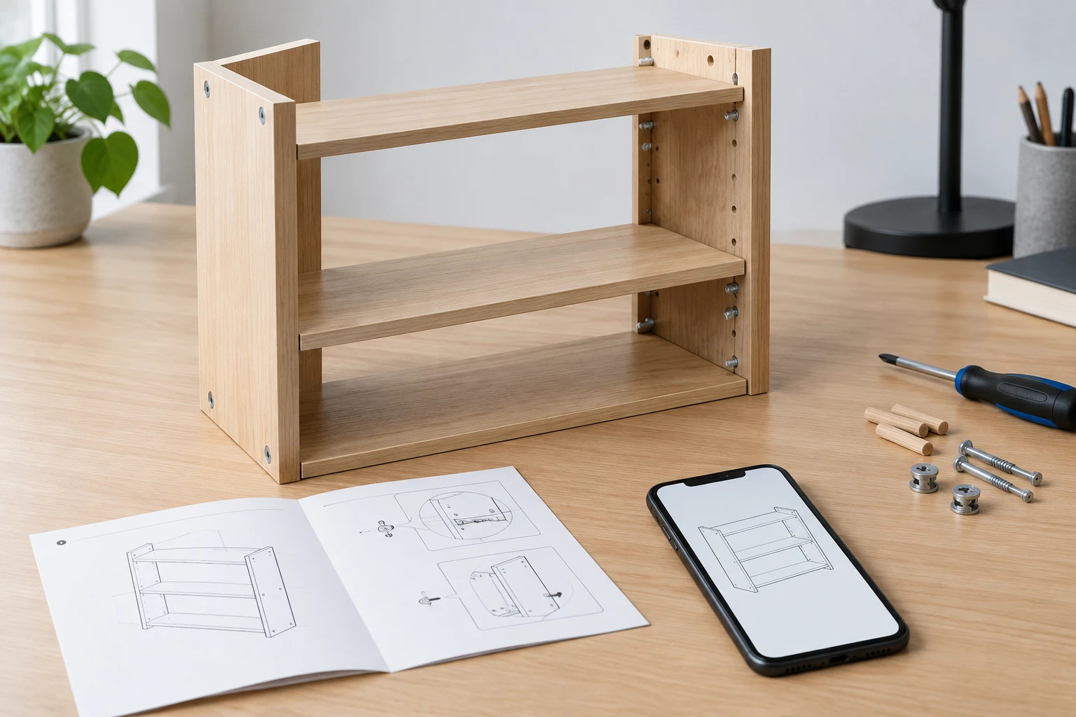 Halb aufgebautes Holzregal mit falsch montiertem Bauteil, daneben eine Bauanleitung und ein Smartphone mit einer schematischen Regalansicht.