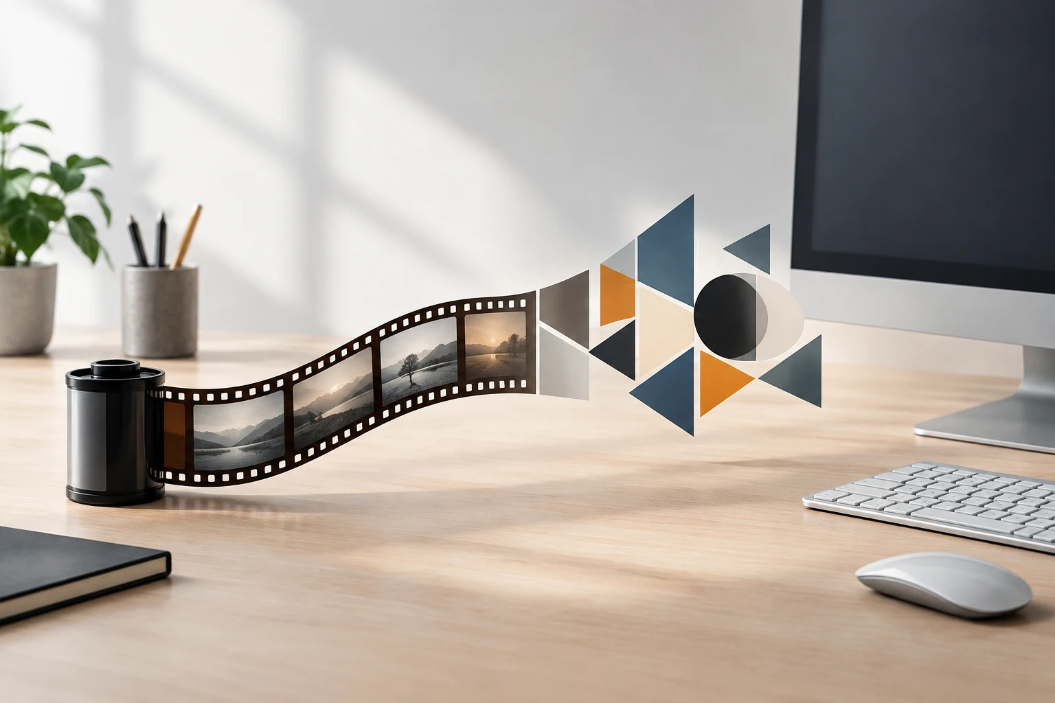 Ein Filmstreifen ordnet sich auf einem schlichten Schreibtisch neben einem neutralen Computer zu abstrakten geometrischen Formen.
