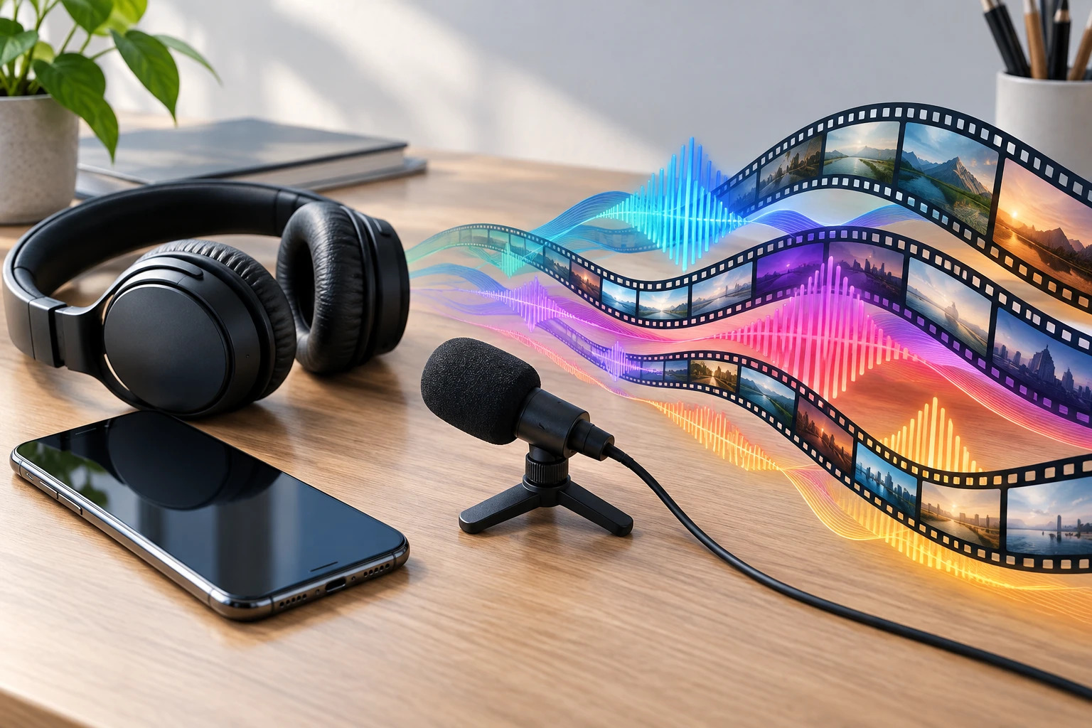 Smartphone neben Kopfhörern und Mikrofon, umgeben von abstrakten Filmstreifen und Audiowellen.
