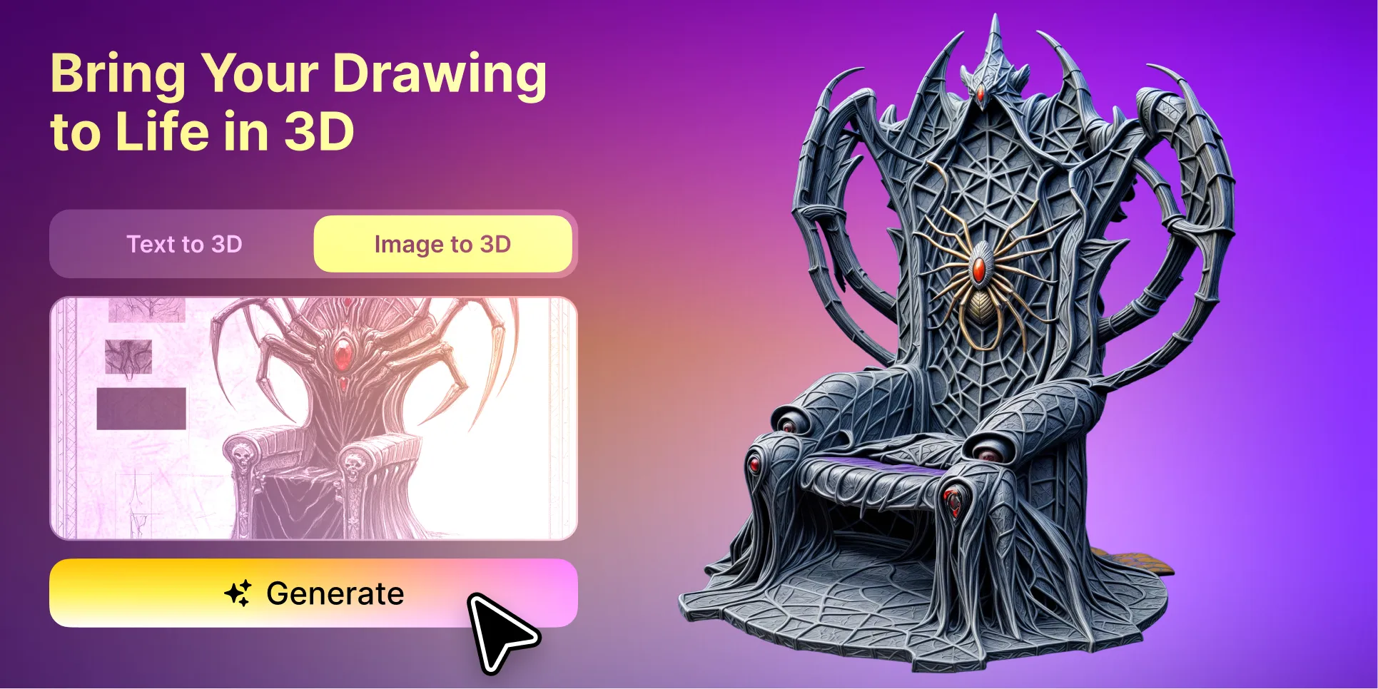 Meshy Image to 3D: Thronzeichnung und daraus erzeugtes 3D-Modell Meshy image to 3d