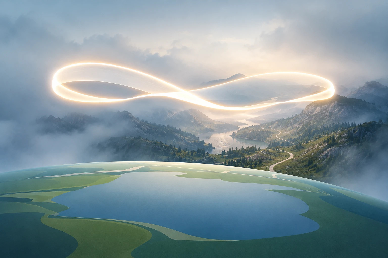 Eine sphärische Landschaft geht von einem flachen Bild in eine räumliche Umgebung mit Wegen über; darüber schwebt eine leuchtende Textzeile.