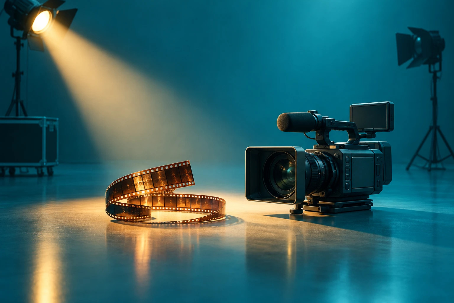 Kühler Filmschauplatz mit warm beleuchtetem Filmstreifen und digitaler Kamera als Symbol für unterschiedliche Color-Grading-Looks.