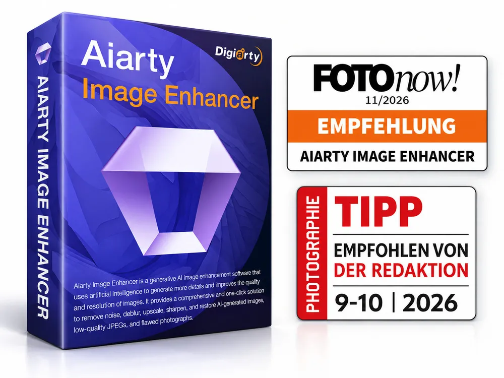 Aiarty Image Enhancer mit den Empfehlungen von FOTOnow! und PHOTOGRAPHIE.