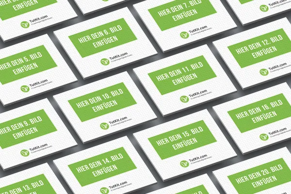 Mockup per diapositive nel formato 4:3: 20 carte disposte in file regolari, in prospettiva isometrica.