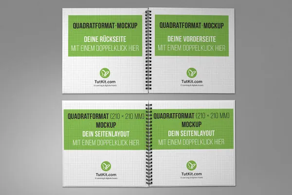 Mockup til firkantet brochure med spiralbinding: liggende, for- og bagside
