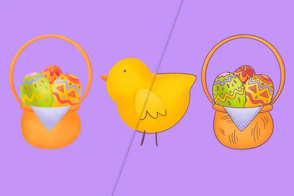 Illustrationen für Ostern: Hasen, Hühner, Küken und Osternester