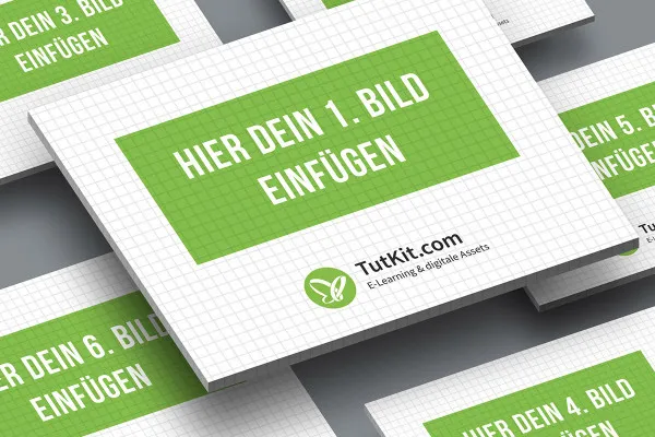 Mockup untuk slide dalam format 4:3: 6 kartu, satu kartu di depan, isometris.