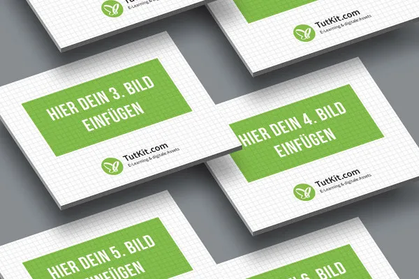 Mockup untuk slide dengan format 4:3: 6 kartu, tersusun secara teratur, isometris.