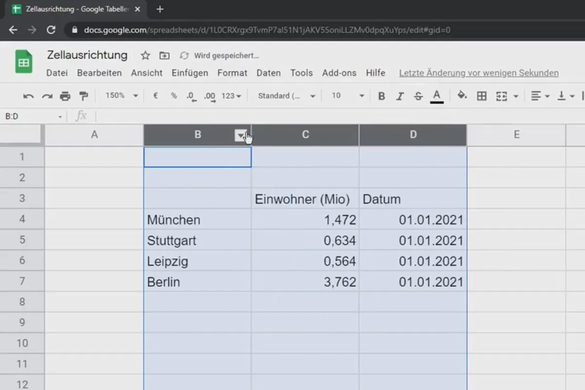 Google Sheets-Tutorial: 3.3 Zellausrichtung