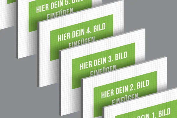 Mockup untuk slide dalam format 4:3: 6 kartu, bergeser berjejer, isometris.