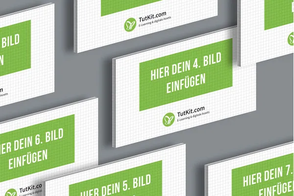 Mockup für das 16:9-Format: 7 Karten, versetzt angeordnet, isometrisch