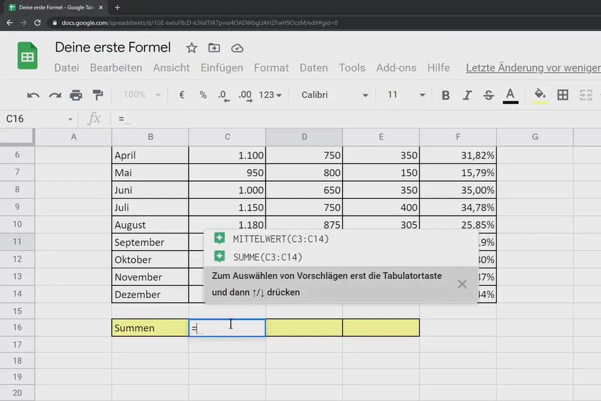 Google Sheets-Tutorial: 4.2 Deine erste Formel!