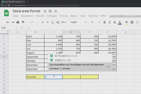 Google Sheets Öğretici: 4.2 İlk formülün!