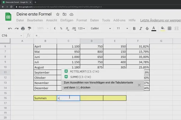 Google Sheets-Tutorial: 4.2 Deine erste Formel!