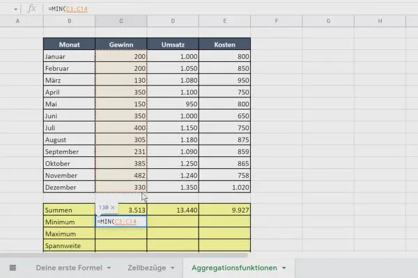 Google Sheets-Tutorial: 4.4 Aggregationsfunktionen berechnen