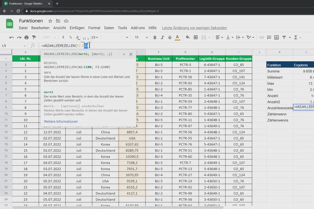 Google Sheets-Tutorial: 4.5 Funktionen und Shortcuts