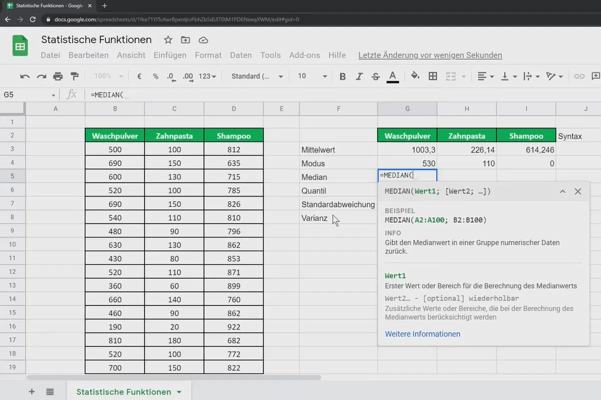 Google Sheets-Tutorial: 4.10 Statistische Funktionen