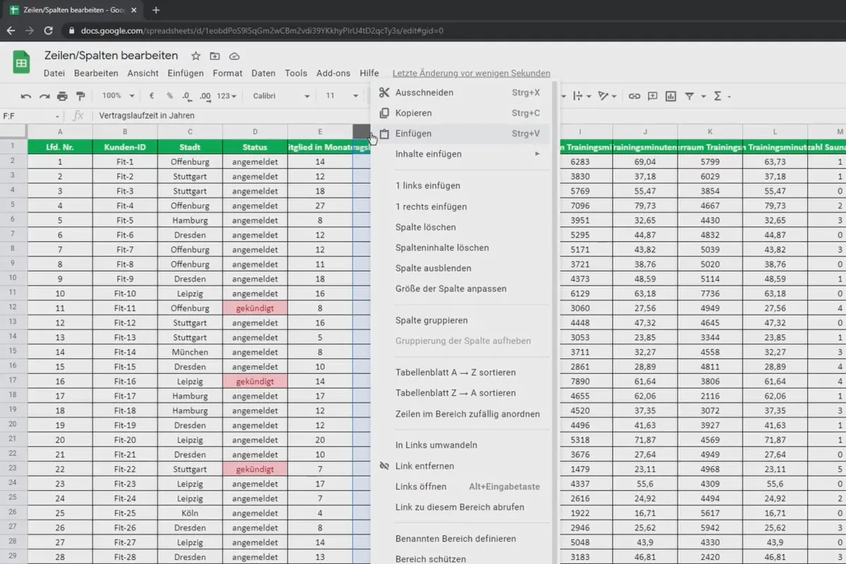 Google Sheets-Tutorial: 5.1 Zeilen und Spalten bearbeiten