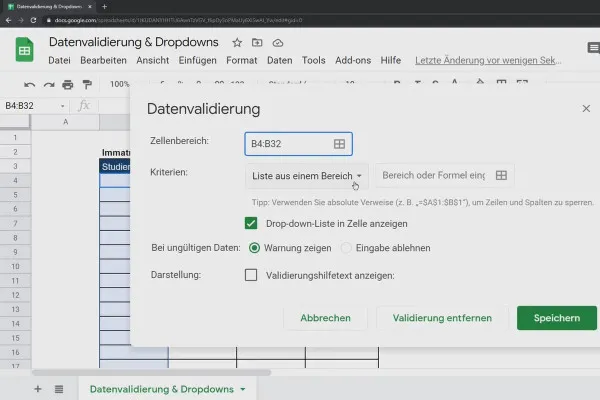 Google Sheets-Tutoriel : 5.5 Validation des données & listes déroulantes