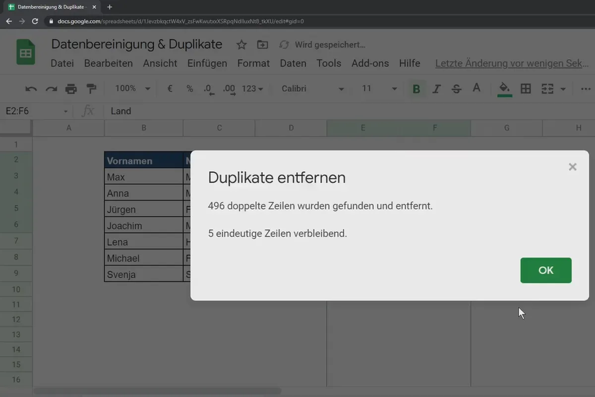 Google Sheets-Tutorial: 6.1 Duplikate entfernen