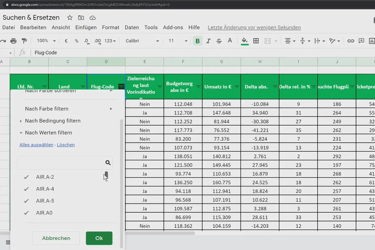 Google Sheets-Tutorial: 6.3 Suchen und ersetzen