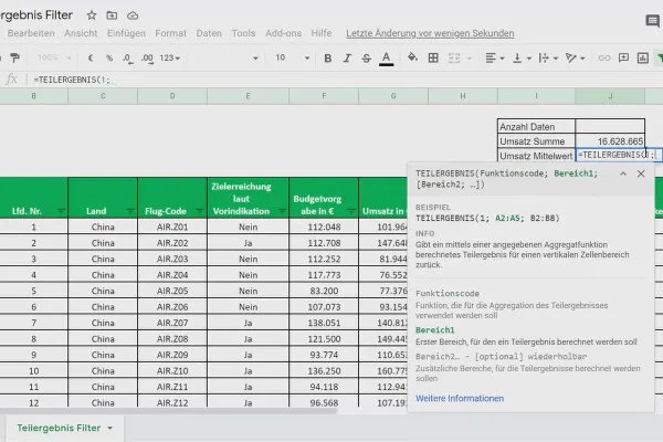 Google Sheets-Tutorial: 6.4 Teilergebnis-Filter