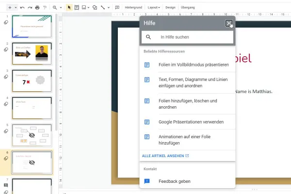 Google Slides-Tutorial: 13.1 | Die Hilfe-Leiste