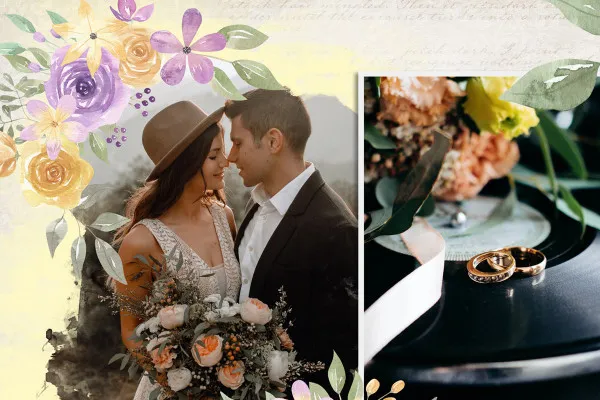 Photo collage "Bouquet": 6 picture frames, surrounded by various Blums
