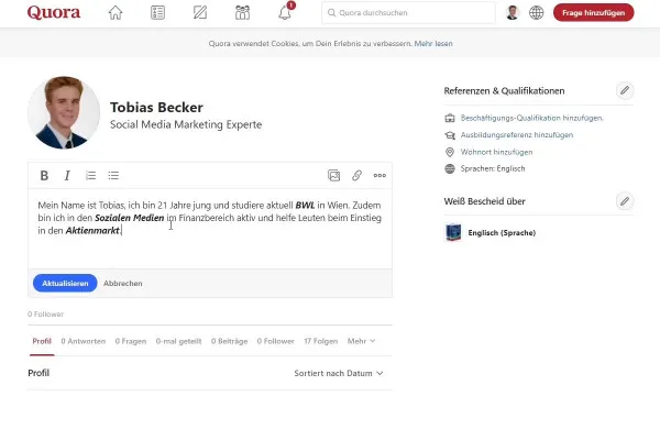 Marketing digitale con Quora: 2.3 | Creare la descrizione dell'account