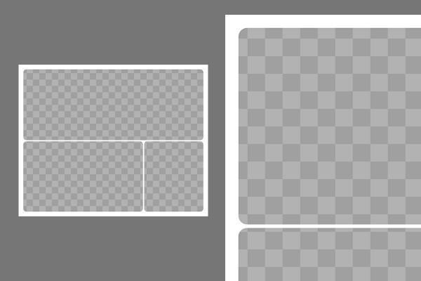Modello per una fotocollage con 3 foto (1 verticale, 2 orizzontali, sovrapposte, angoli arrotondati)
