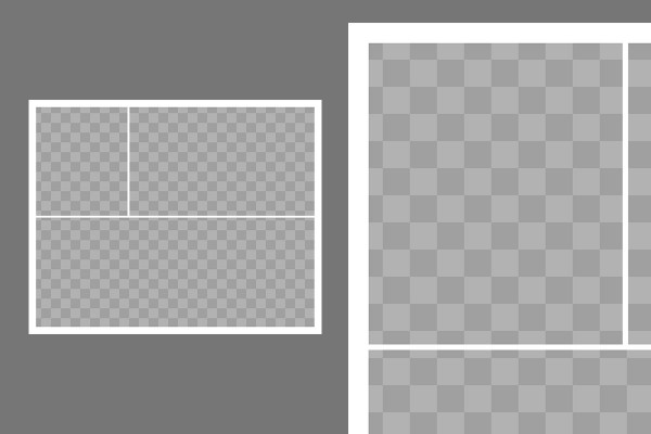 Modello per un fotomontaggio con 3 foto (1 verticale, 2 orizzontali sovrapposte)
