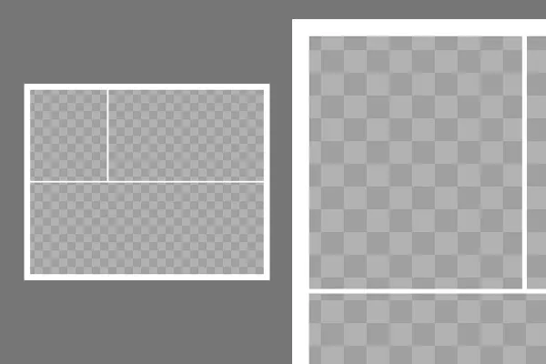 Template for a photo collage with 3 photos (1 portrait, 2 landscape, one above the other)