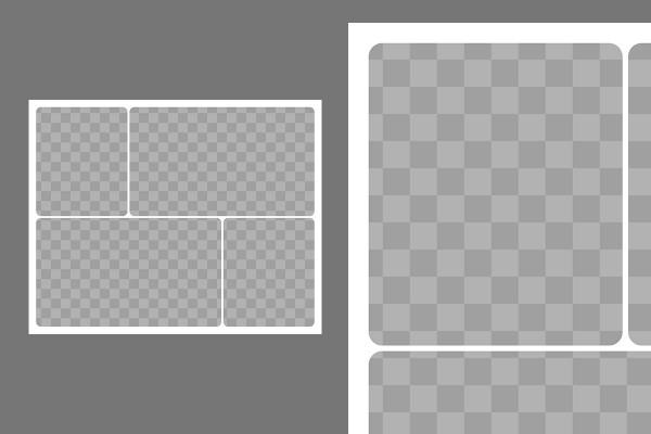 Modello per una fotocollage con 4 foto (2 in alto, 2 in basso, angoli arrotondati)