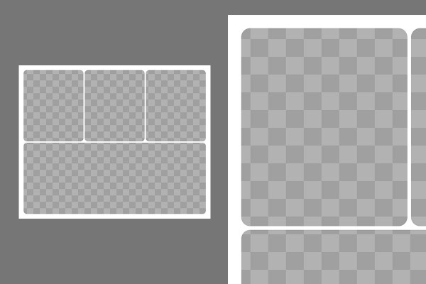 Modello per una fotocollage con 4 foto (3 in alto, 1 in basso, angoli arrotondati)