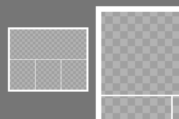Modello per una fotocollage con 4 foto (1 in alto, 3 in basso)