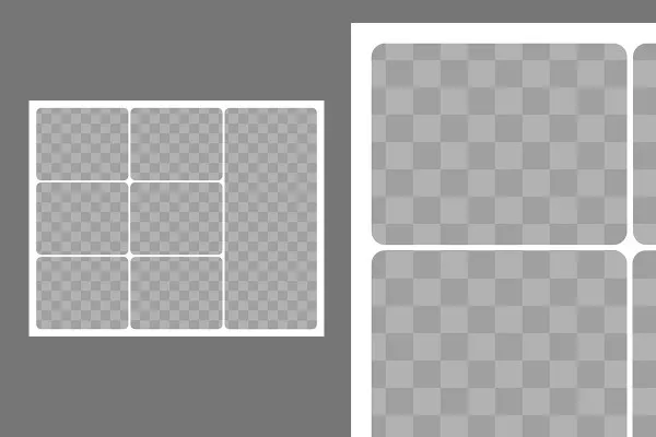 Template for a photo collage with 7 photos (6 left, 1 right, round corners)