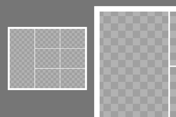 Modello per un collage fotografico con 7 foto (1 sinistra, 6 a destra)
