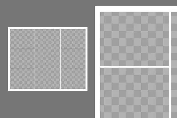Template for a photo collage with 7 photos (1 main scene in the middle)