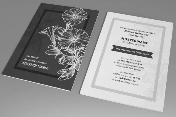 Vorlage für eine Trauerkarte: Blume, Rahmen, schwarz-weiß