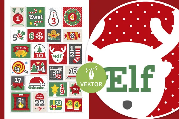 Zahlen für Adventskalender zum Ausdrucken mit illustrativen Weihnachtsmotiven