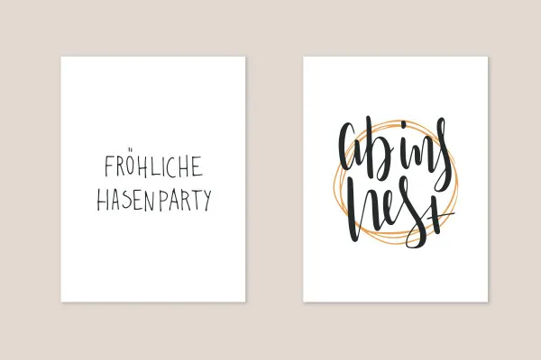 Lentefrisse handlettering-sjablonen voor Pasen: 03 | "vrolijk konijnenfeest", "naar het nest