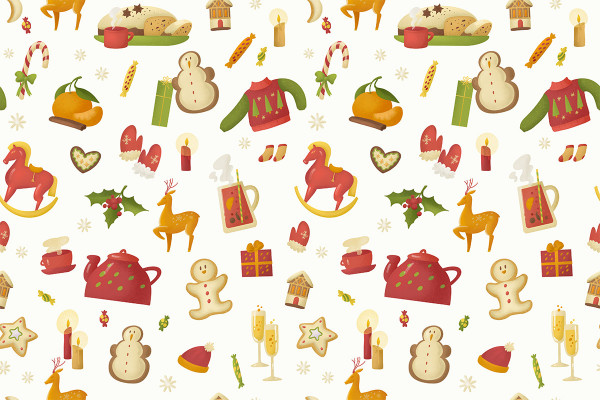 Christmas illustrations, patterns: reindeer, gingerbread men, snow women and co.