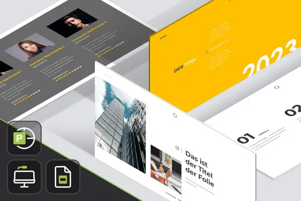 Șabloane în designul „Helo” pentru PPT, Keynote și Google Slides.