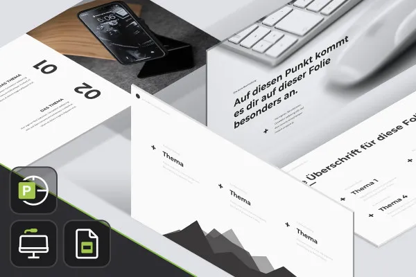 Șabloane în design „MNML” pentru PowerPoint, Keynote și Google Slides.