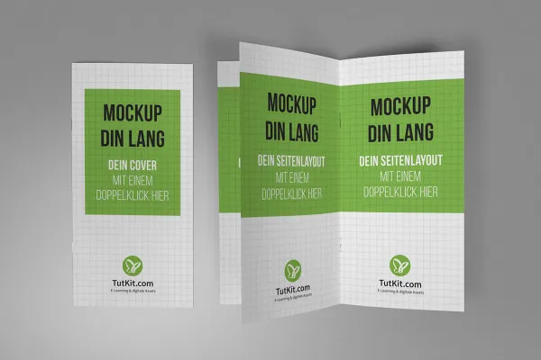 Mockup für Broschüren im DIN-lang-Format: Cover, aufgeblätterte Innenseiten, Aufsicht