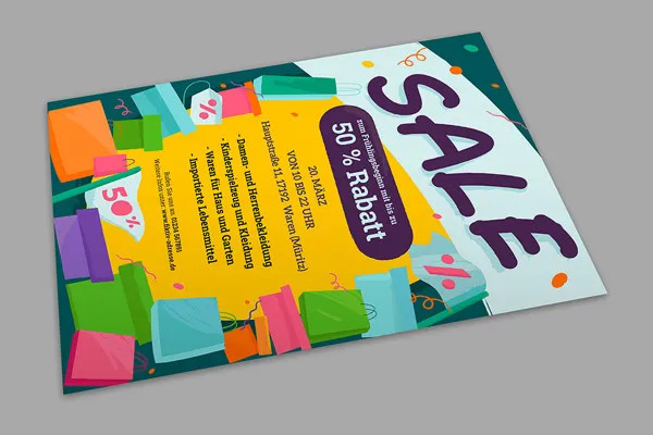 Advertising poster template: colorful shopping bags against a yellow and green background