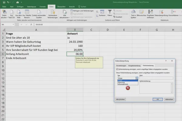 Cours Excel pour le contrôle et la vente : liste des assortiments, unités, devise & Co - 2.2 Vérification des données pour les cellules.