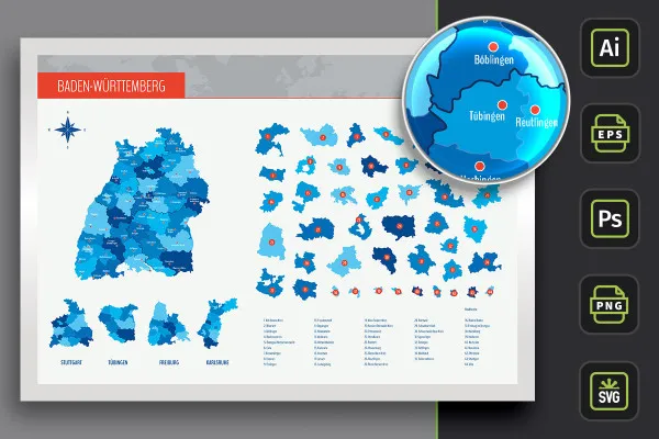 Carte de Bade-Wurtemberg avec les arrondissements et les villes - zones colorées